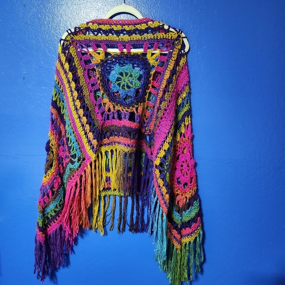 Handmade Granny Square Crochet Poncho Cardigan Sweater Black Rainbow Colorful - Picture 3 of 3